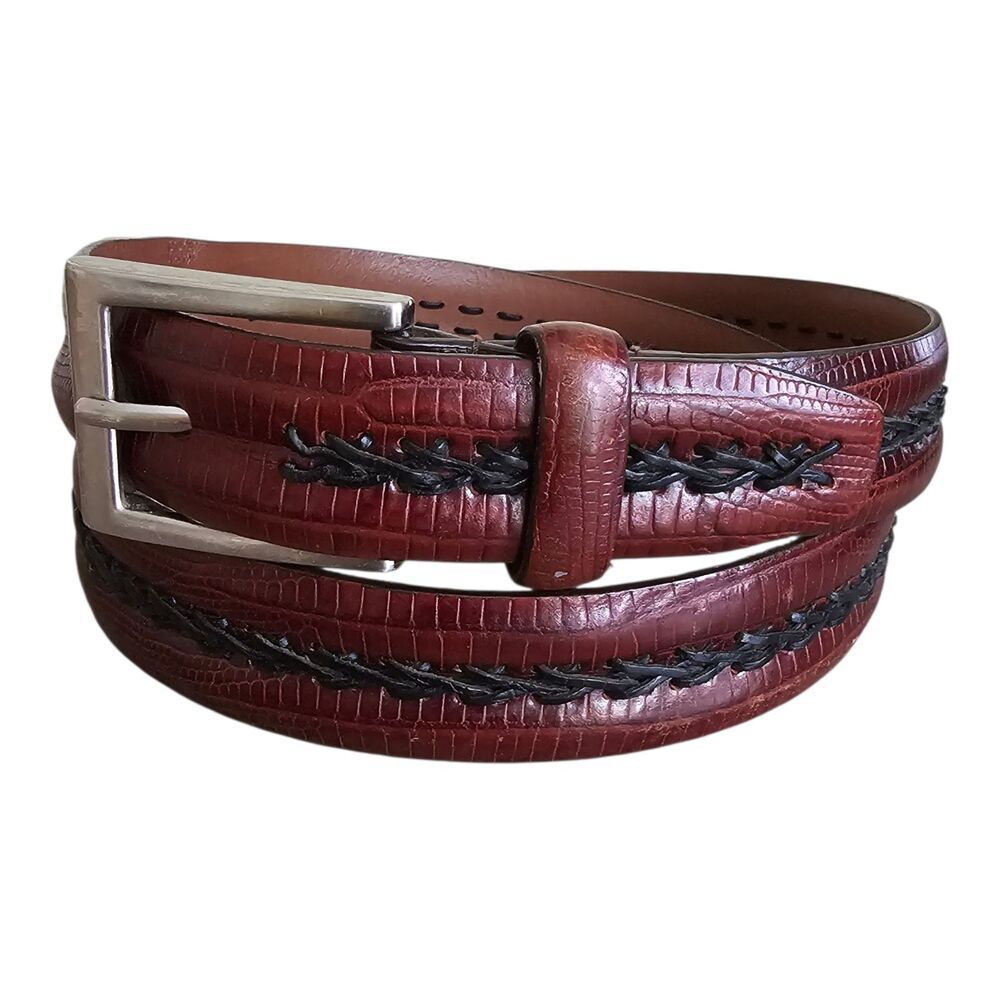 Croc Leather Belt Size 36 Unisex Brown Black Woven Stripe Silver Buckle